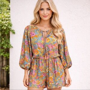 Rusttydustty Women’s 1X Floral Boho Romper Peasant Sleeve Cottagecore Chic